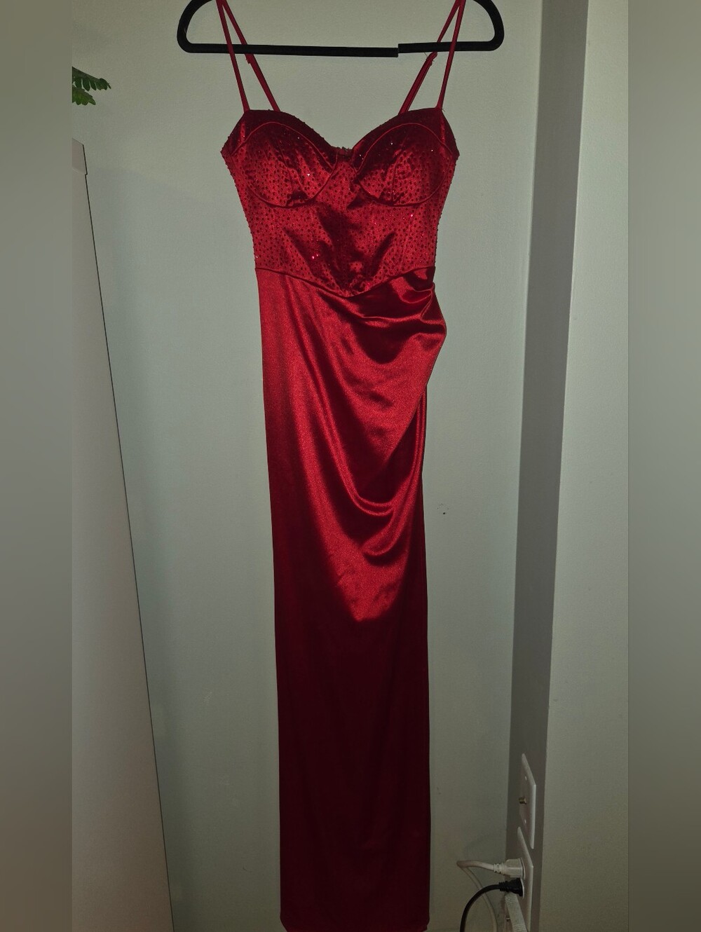 B Darlin Red Satin Maxi Dress with Embellished Bust